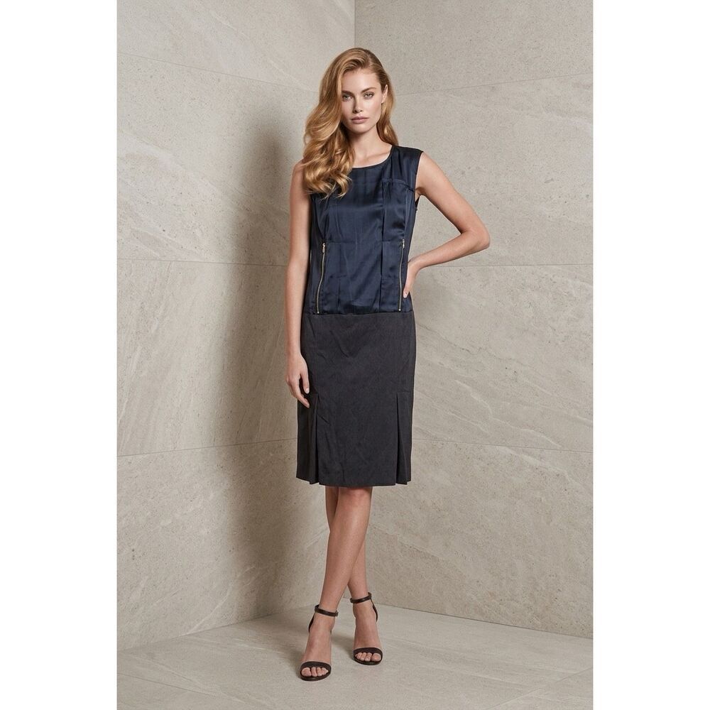 NWT Nina Ricci Navy Black Mixed Fabric Dress Gold Zippers Size 38 (US 6) (096)